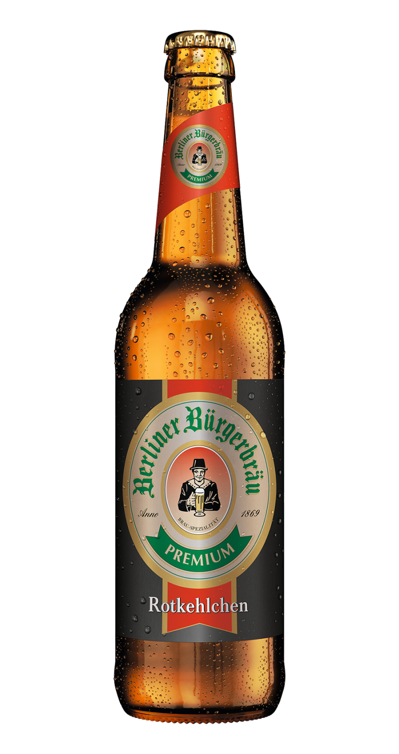 Eine Flasche Bier mit Kondenswasser ist abgebildet, das Etikett zeigt einen Mann mit einem Bierglas.