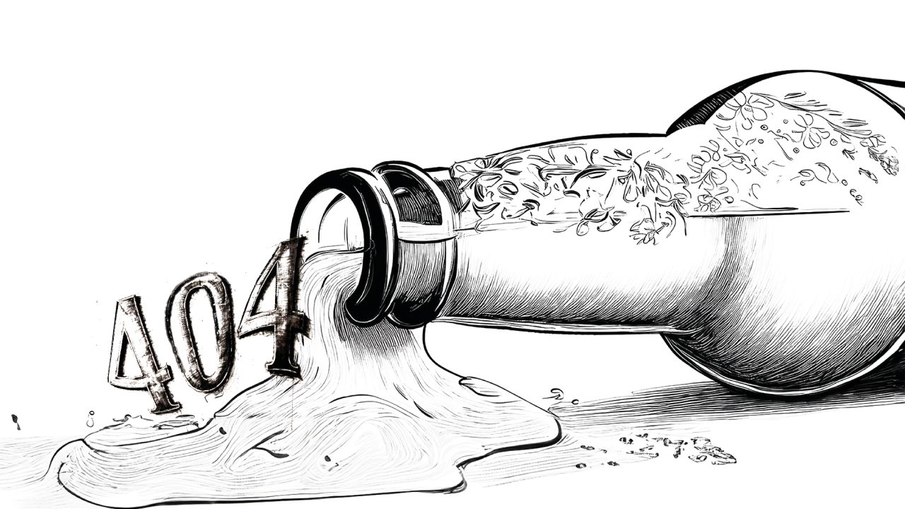Die Zahlen 404 fließen aus einem umgekippten Gefäß in einer grafischen Darstellung.